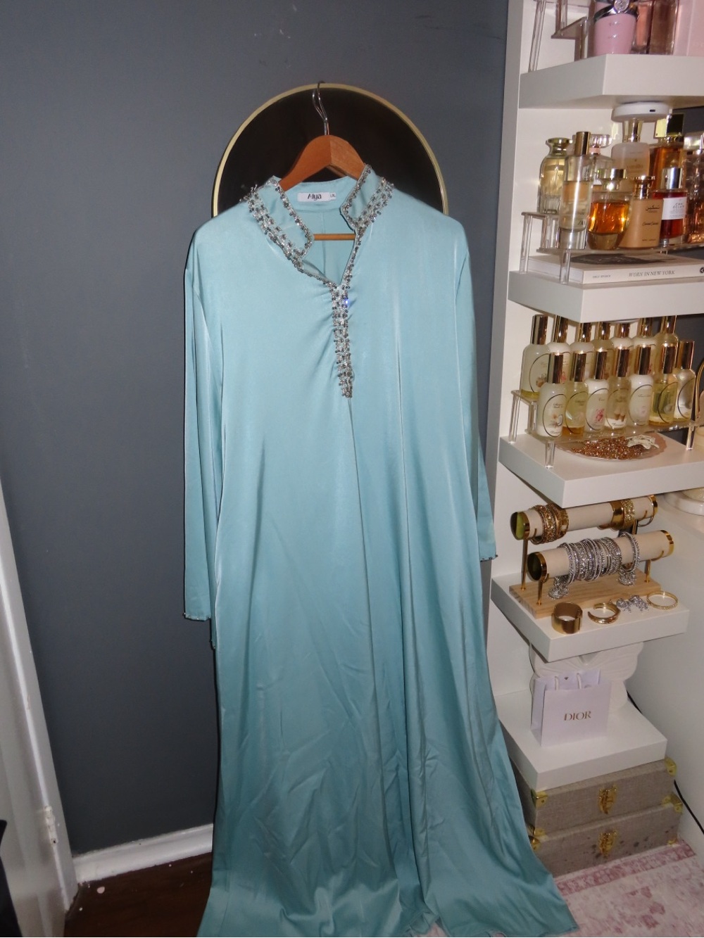 Blue Caftan with Silver Crystal Trim Collar – Adjustable Waist